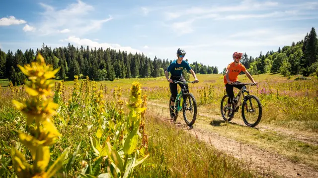 Deux cyclistes en tenue de sport roulant sur un chemin de terre en pleine campagne
