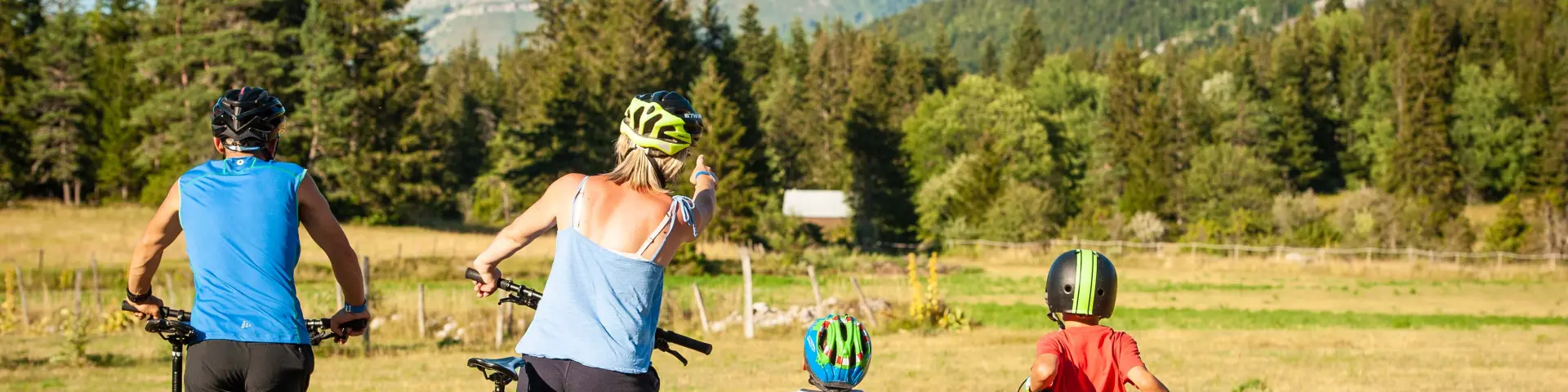 Due adulti e due bambini che fanno ciclismo in un campo di montagna