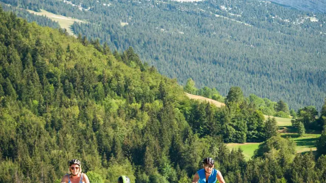 Groupe de randonneurs marchant sur une route de montagne avec des sommets enneigés en arrière-plan