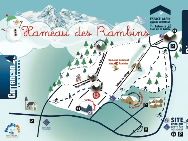 Carte topographique des sentiers de randonnée du Kameau des Rambins avec dénivelé, points d'intérêt et zones boisées