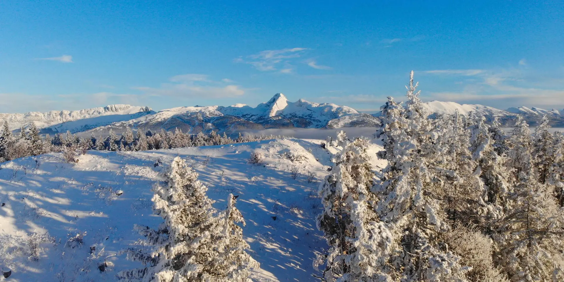Vue d'une chaîne de montagnes enneigées avec des lacs gelés et des forêts de conifères