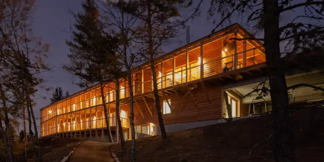 Chalet di legno in fila con finestre illuminate, circondati da alberi, al tramonto