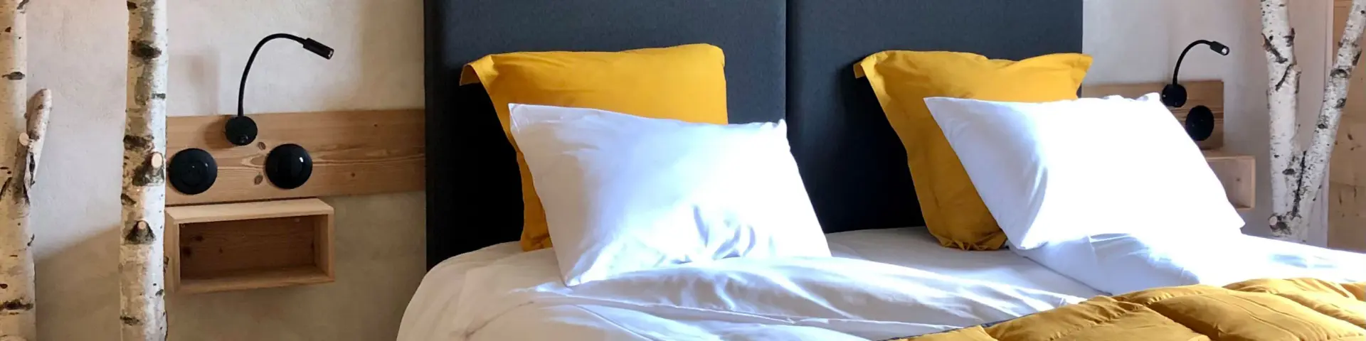 Camera d'albergo dotata di due schermi piatti su un comodino e un letto matrimoniale