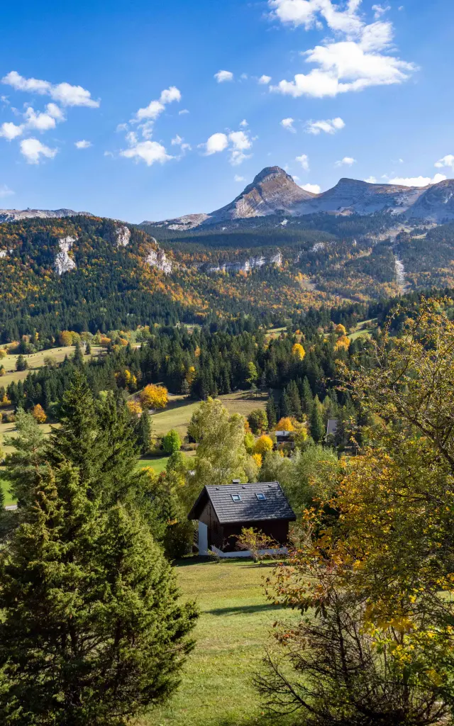 Vue d’un village de montagne entouré de forêts aux couleurs d’automne, avec des montagnes en arrière-plan