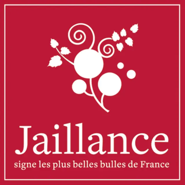 Jaillance logo featuring a stylized grape cluster and champagne bubbles on a red background.
