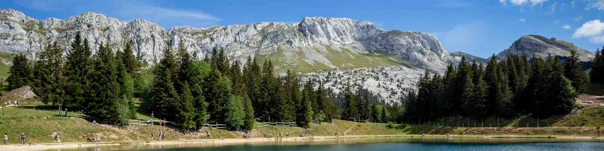 Lac entouré de montagnes enneigées et de forêts, avec des reflets turquoise dans l'eau