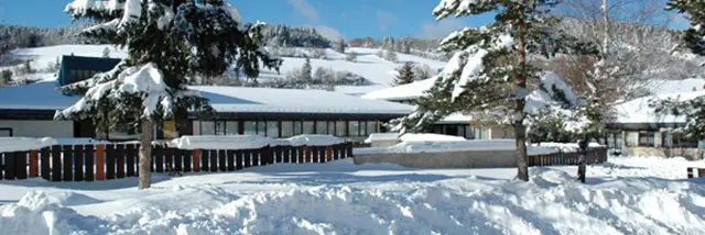 Port en hiver avec des voiliers amarrés et des bâtiments enneigés