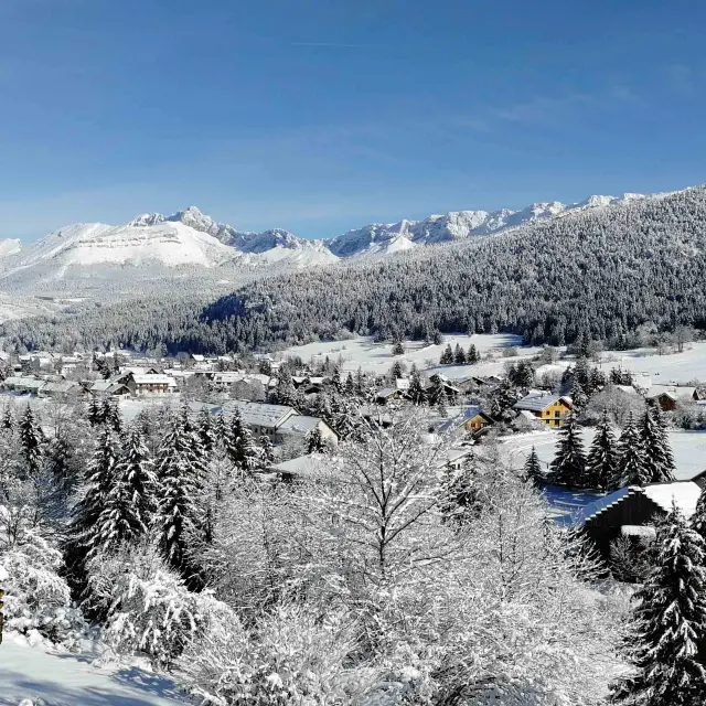View of a snowy mountain village with chalets and fir trees under a clear blue sky