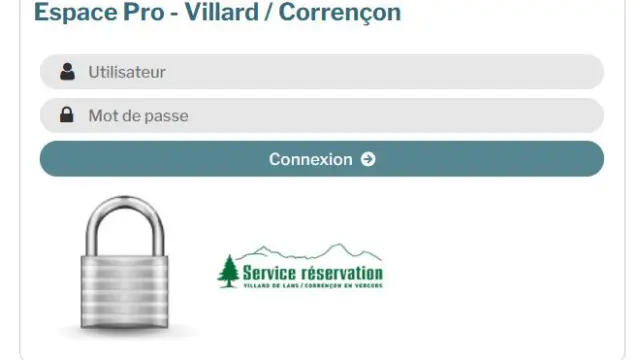 Login form with username and password fields, connection button, and Villard/Corrençon reservation service logo