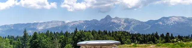 Vista di un lago circondato da montagne boschive sotto un cielo parzialmente nuvoloso