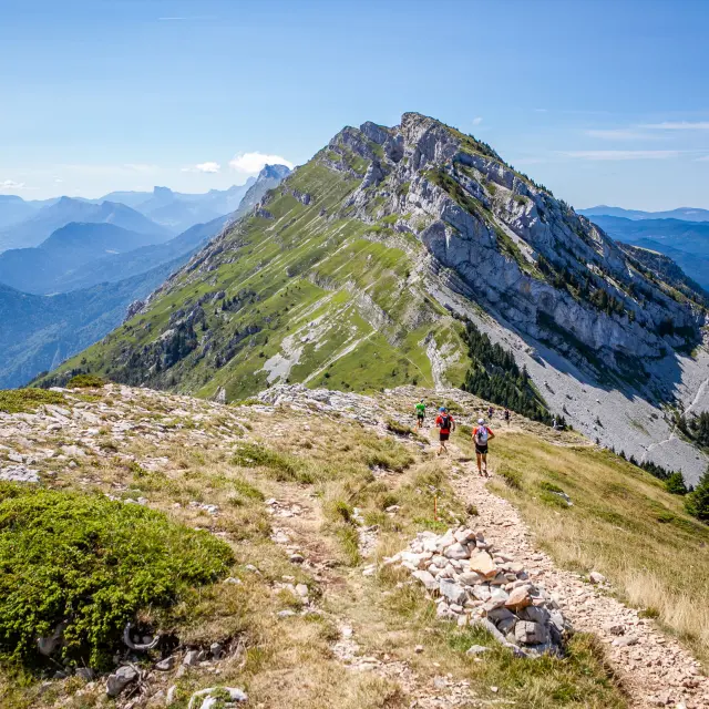Paysage de montagne avec des sommets enneigés et des versants couverts de végétation
