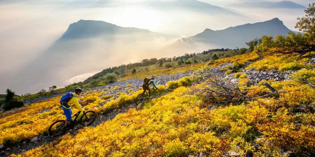Voiliers amarrés dans un port de montagne entouré de forêts aux couleurs d'automne