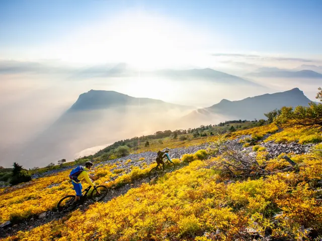 Voiliers amarrés dans un port de montagne entouré de forêts aux couleurs d'automne