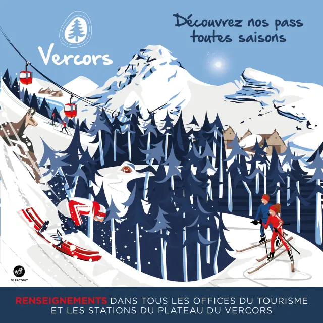 Plusieurs personnes pratiquant le ski et des activités hivernales dans un paysage enneigé