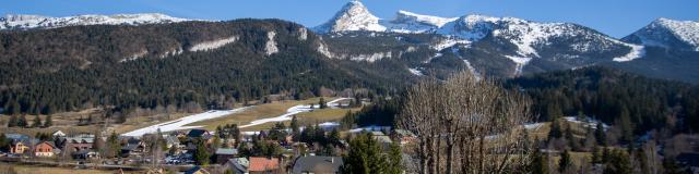 Dorf mit Häusern und Bäumen, schneebedeckte Berge im Hintergrund