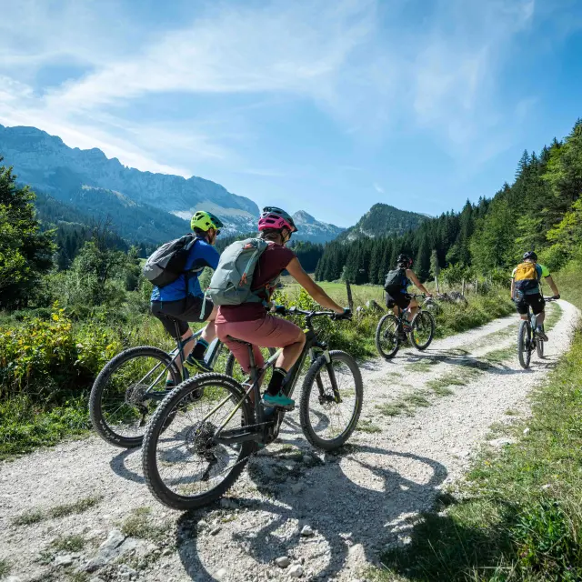 Deux cyclistes en montagne sur un sentier caillouteux avec des paysages de montagnes en arrière-plan