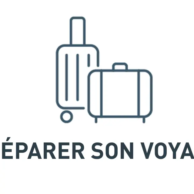 Icône d’un ordinateur portable avec un avion stylisé au-dessus, symbole de préparation de voyage