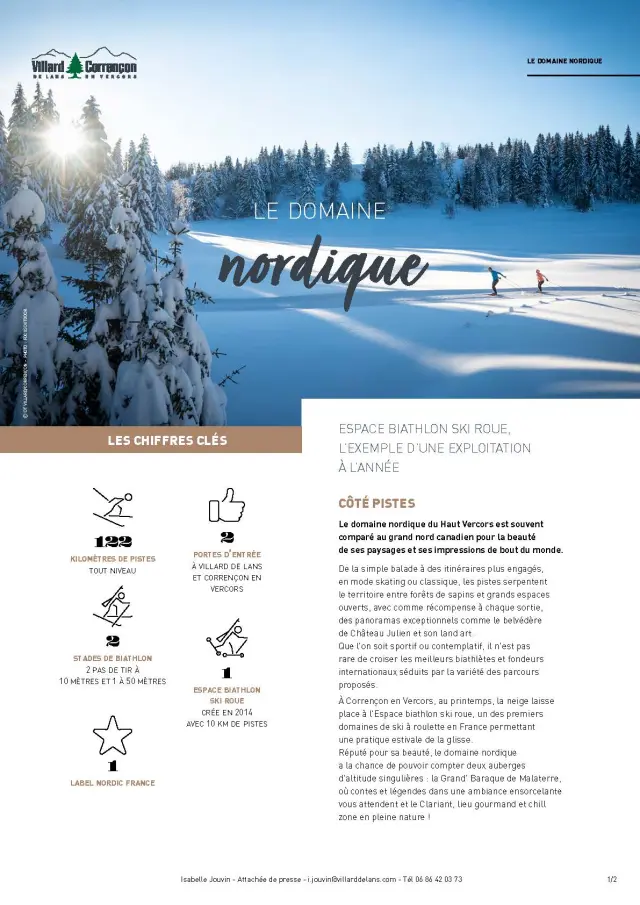 Winter landscape featuring a snowy Nordic domain, fir trees, and ski trails