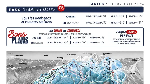 Screenshot di un sito web che offre piani stagionali per sport invernali con opzioni tariffarie e pulsanti di acquisto