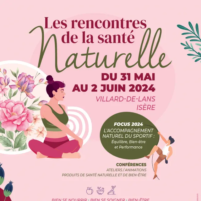 Affiche colorée annonçant le Salon Naturelles en Vercors 2024 avec des illustrations de femmes pratiquant des activités naturelles et des textes sur fond floral