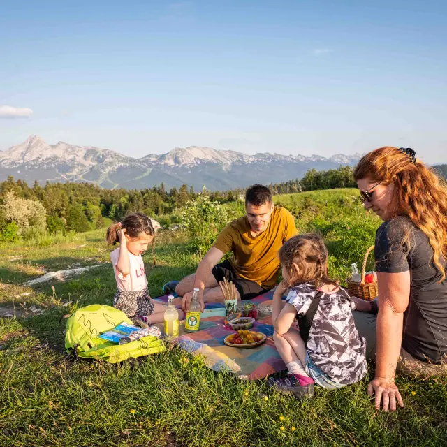 Groupe de personnes attablées en plein air dans un champ, avec des montagnes en arrière-plan