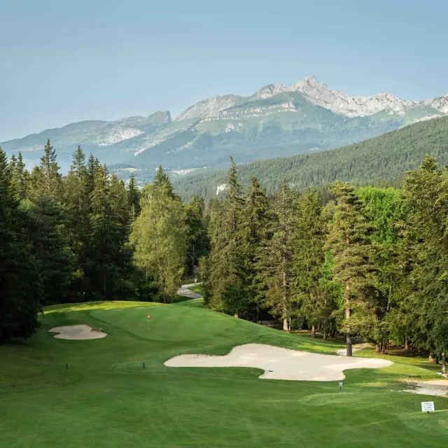 Parc avec pelouse, arbres et bancs, entouré de montagnes enneigées en arrière-plan