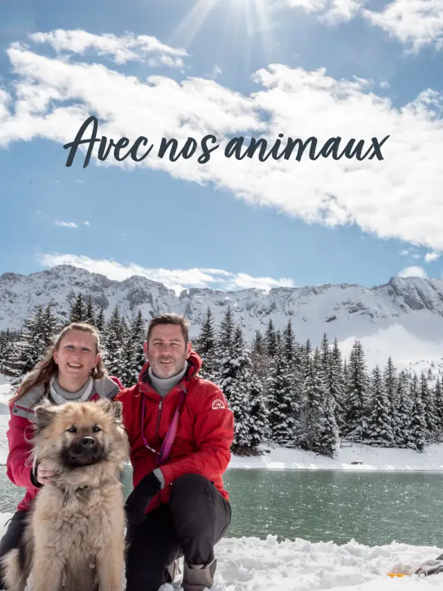 Due persone sorridenti in abbigliamento da sci che tengono al guinzaglio un cane e un gatto davanti a un paesaggio montano innevato