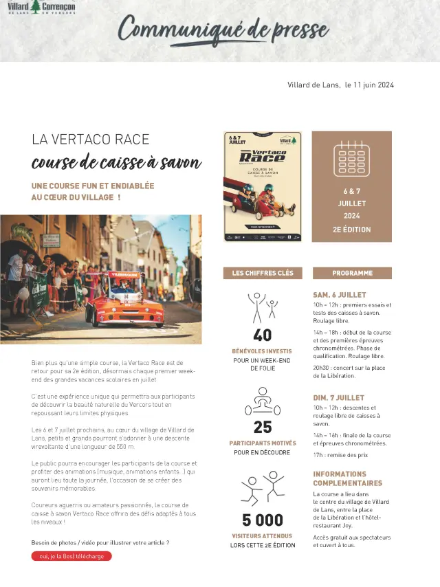 Locandina della Vertaco Race 2024, corsa di macchine a rotelle a Villard-de-Lans con auto artigianali e partecipanti