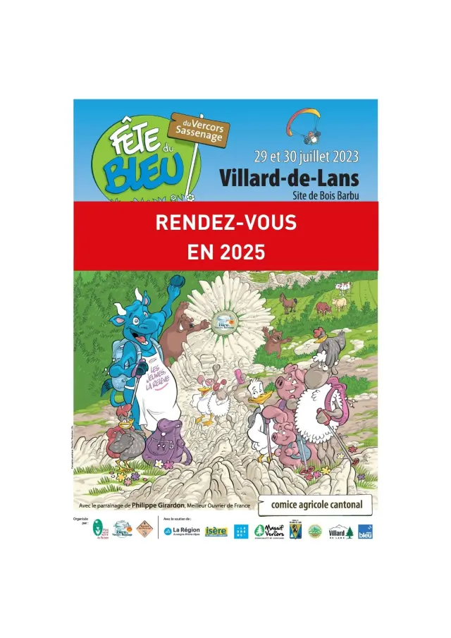 Colorful poster announcing the 2025 meeting of the Fête des Vignerons festival in Villard-de-Lans, featuring characters in traditional costumes and rural decorative elements.