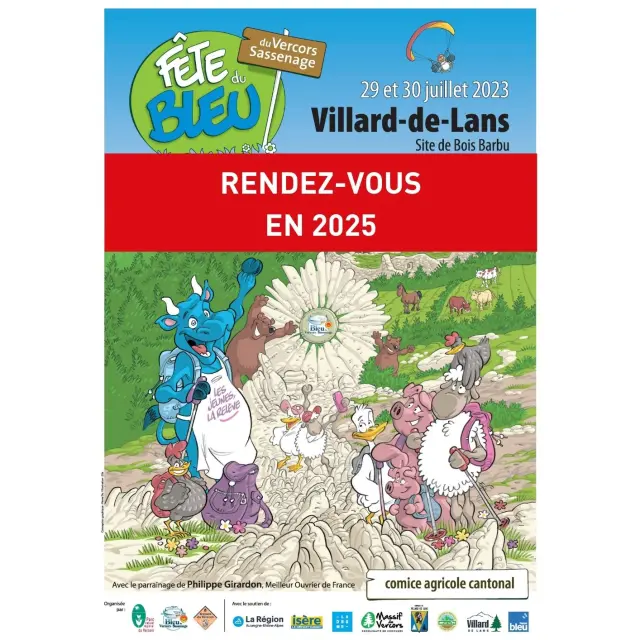 Affiche colorée annonçant le rendez-vous en 2025 du festival Fête des Vignerons à Villard-de-Lans, avec des personnages en costume traditionnel et des éléments de décor champêtre.