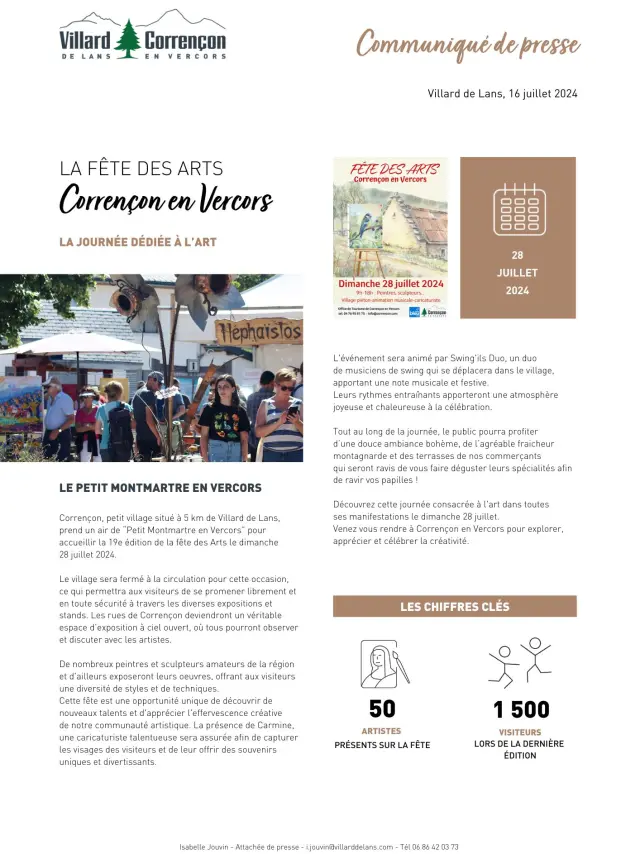 Manifesto rettangolare con sfondo blu chiaro e motivi a onde, che promuove la Fête des Arts a Carnon-en-Vercors il 20 luglio 2024, con illustrazioni di artisti e informazioni pratiche