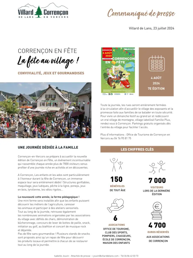 Manifesto per la festa del villaggio di Corrençon nell'estate 2024 con giochi e prelibatezze