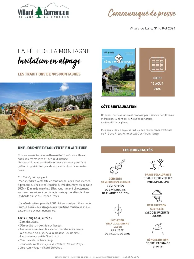 Manifesto del festival 'La Fête de la Montagne' con illustrazioni di montagne, mucche e prodotti locali