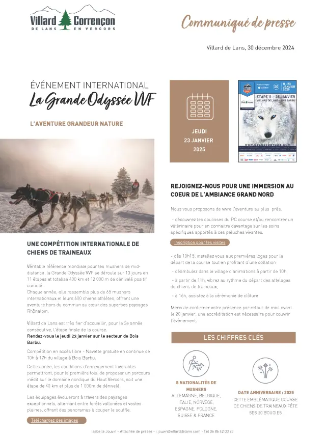 Manifesto per l'evento La Grande Odyssée INMF 2025 con un cane da slitta in azione e testo in italiano