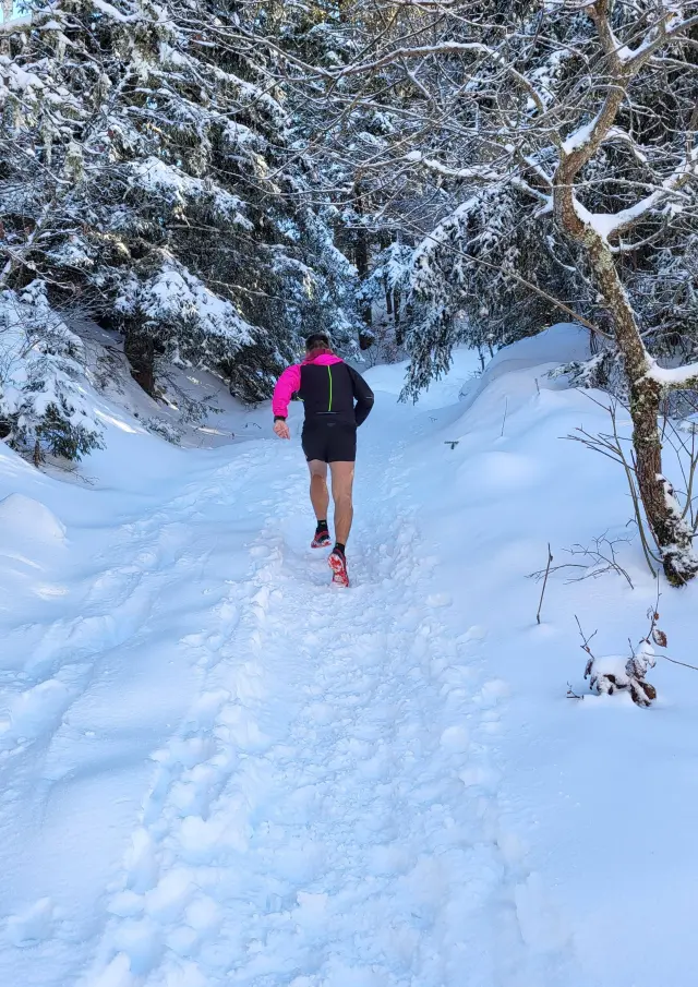 Person in winter hiking gear walking on a snowy mountain trail