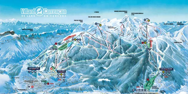 Mappa interattiva del comprensorio sciistico Grand Domaine des Arcs con piste, impianti di risalita e aree di sosta