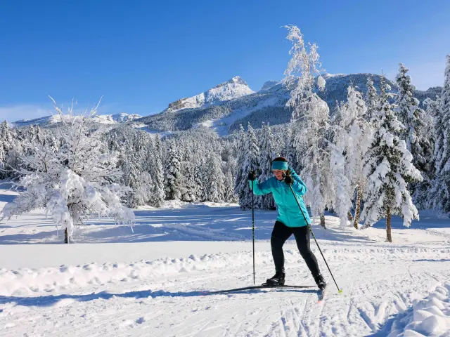 Deux personnes pratiquant le ski de fond sur une piste enneigée en montagne