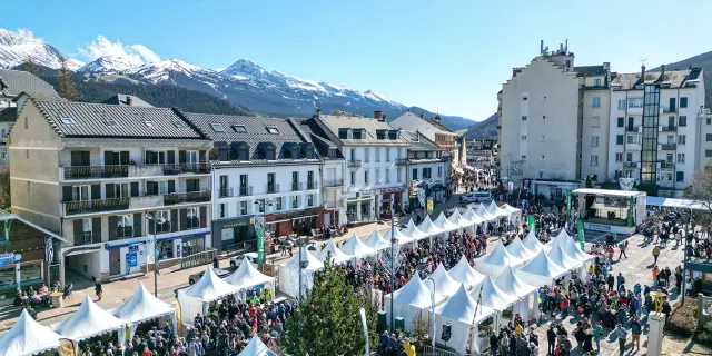 Station balnéaire avec bâtiments en front de mer, voiliers amarrés et montagnes enneigées en arrière-plan