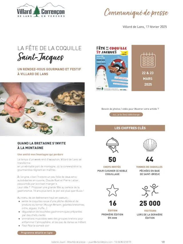 Locandina colorata che annuncia la Festa della Coquille Saint-Jacques a Villard-de-Lans con date, luoghi e illustrazioni di conchiglie e piatti culinari