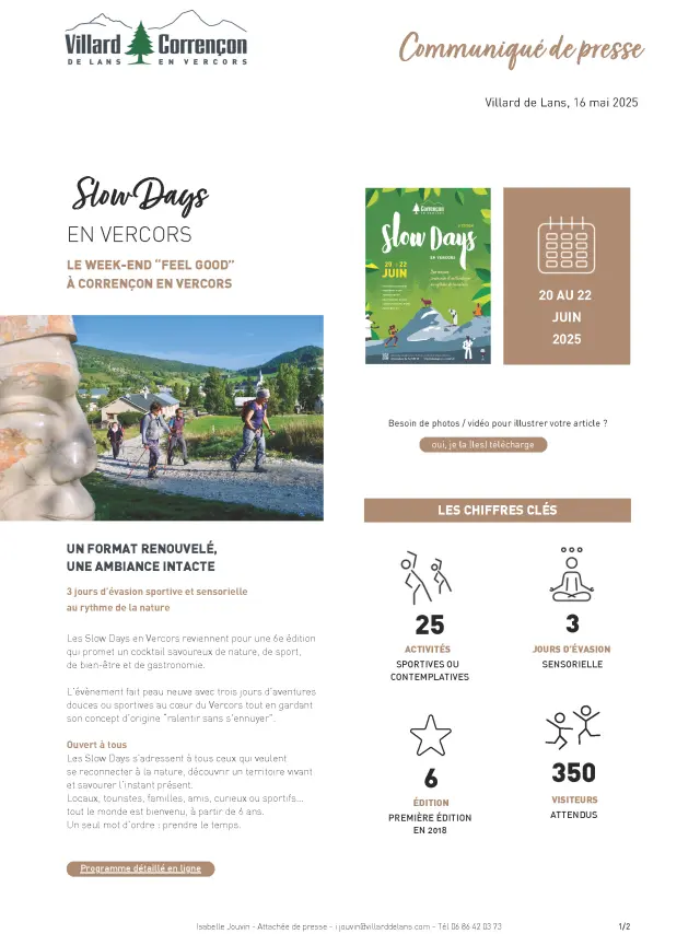 Locandina promozionale per l'evento Slow Days in Vercors con un cane su una spiaggia di ciottoli e un tramonto