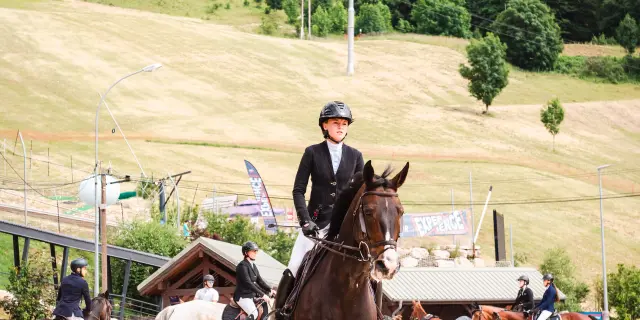 Cavaliere in tenuta da competizione in sella a un cavallo marrone in un percorso a ostacoli
