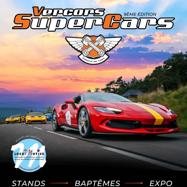 Affiche de l'événement Vercors Supercars 2025 avec une Ferrari rouge et une Porsche jaune sur une route de montagne