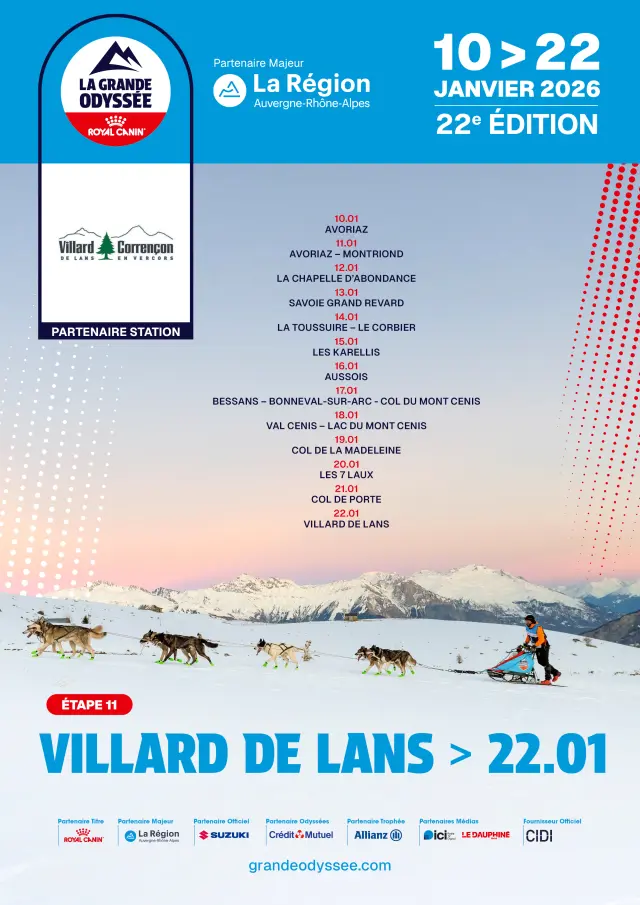 Manifesto ufficiale della 22ª edizione della Grande Odyssée Savoie Mont Blanc con la tappa Villard-de-Lans del 22 gennaio 2026