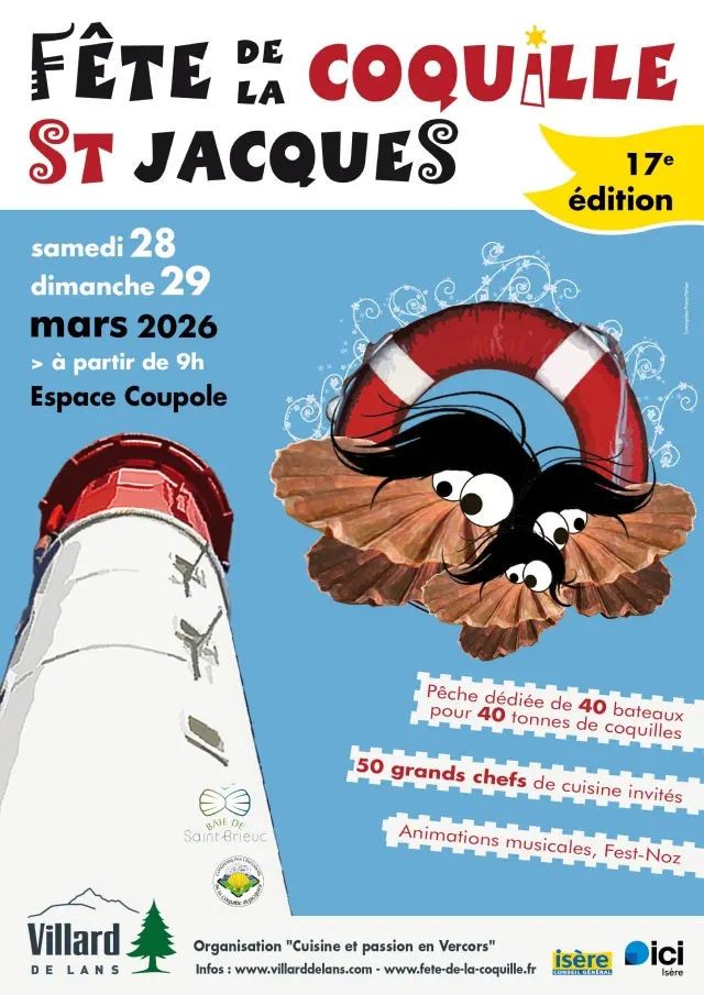 Affiche colorée annonçant la 17e édition de la Fête de la Coquille Saint-Jacques les 28 et 29 mars 2026 à partir de 9h à l'Espace Coupole