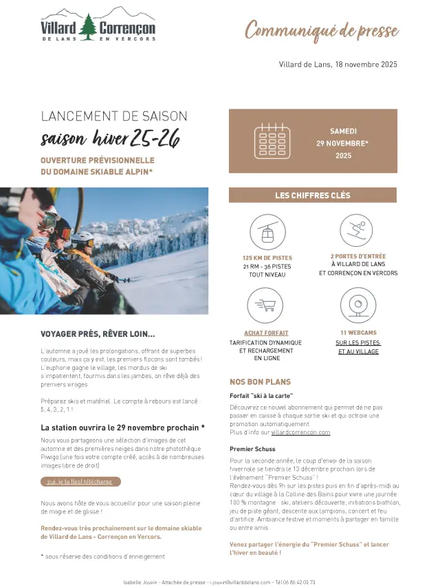 Manifesto che annuncia il lancio della stagione invernale 2025-2026 a Villard-de-Lans con uno sciatore in azione e le date chiave dell'evento