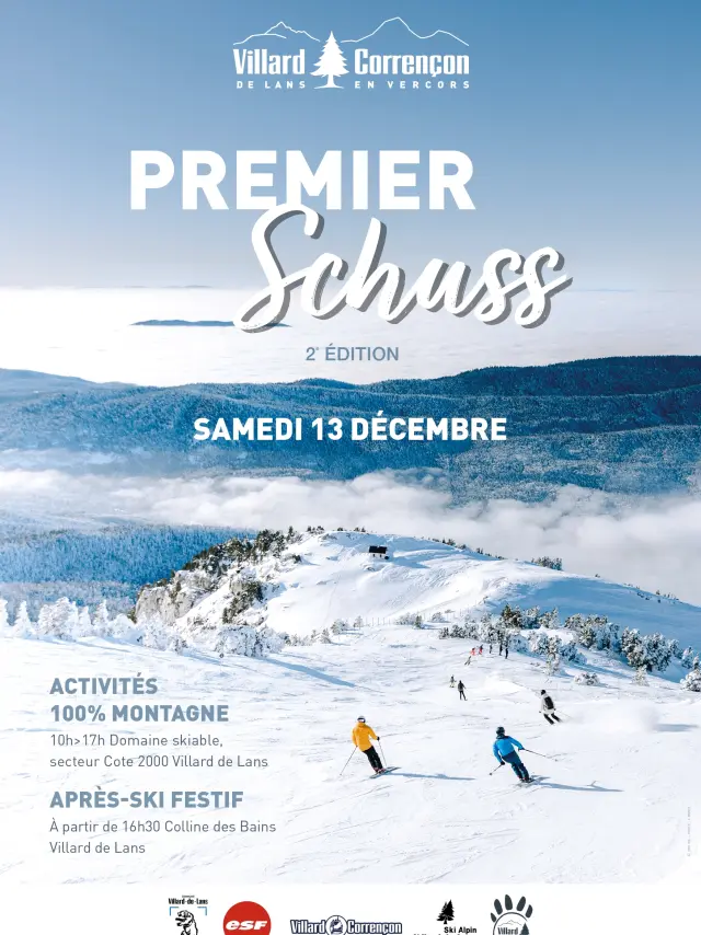 Affiche publicitaire pour l'événement Premier Schuss à Villard-Corrençon, avec texte en français et illustration de skieurs en montagne
