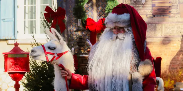 Smiling man holding red and white plush reindeer in a Christmas decoration