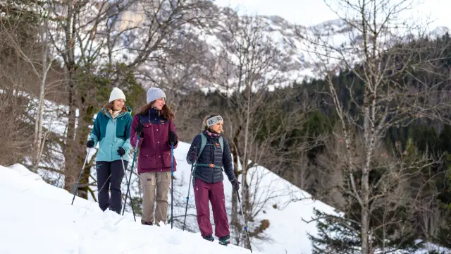 Quatre personnes en tenue hivernale marchant dans la neige en montagne