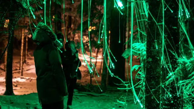 Persona che cammina sotto una volta di liane luminose verdi in una foresta tropicale di notte