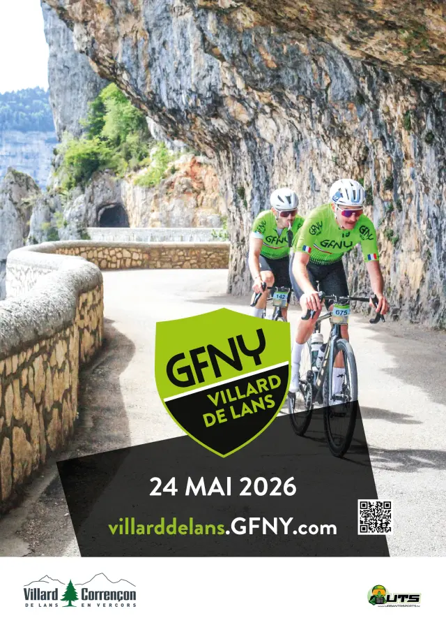 Manifesto promozionale del GFNY Villard-de-Lans 2026 con un ciclista in tenuta verde e un percorso in montagna